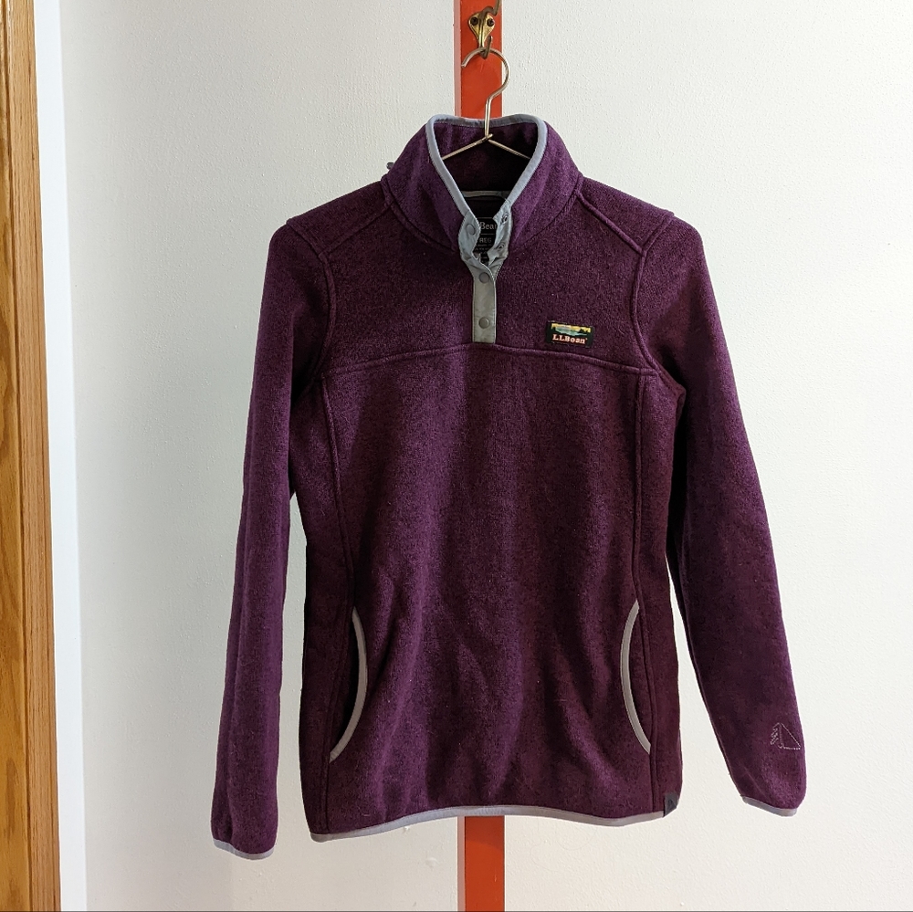 LL Bean Purple Pull Over Jacket Sweatshirt Button Up High Collar Pockets Small